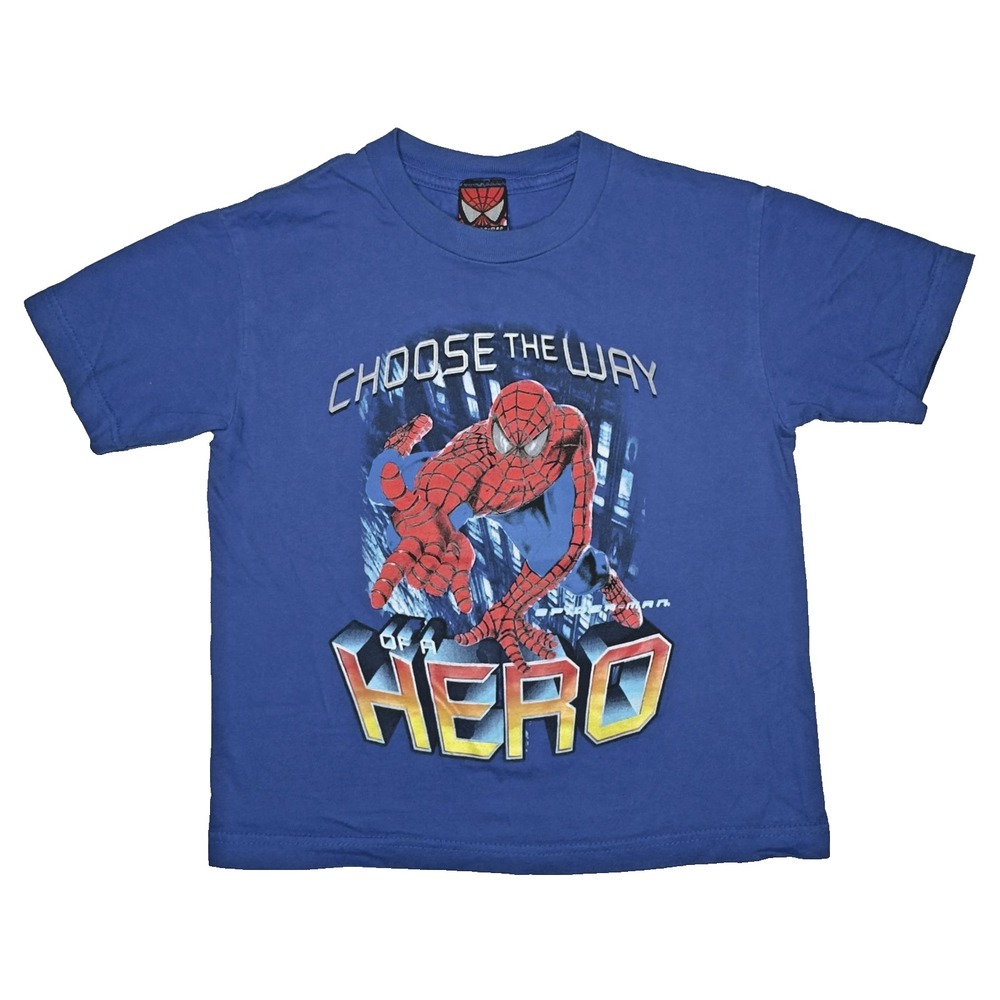 Vintage Spider-Man T-Shirt Kids Size 5/6 Blue‎ Superhero Graphic Movie Promo Y2K
